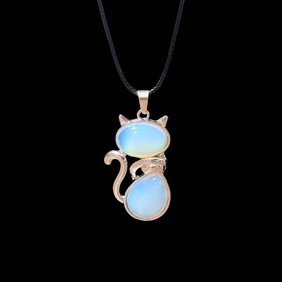Unbranded Jewelry - Opalite Crystal Cat Pendant Black Cord Necklace